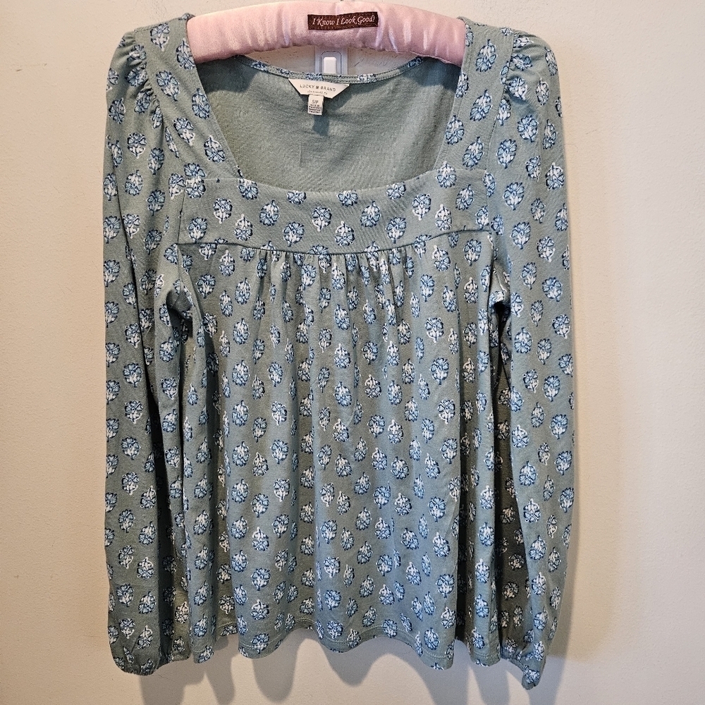 LUCKY BRAND WOMEN'S SAGE FLORAL PRINT SQUARE NECKLINE PEASANT TOP SIZE SMALL